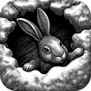 Black and white scratchboard image of a rabbit in a hole