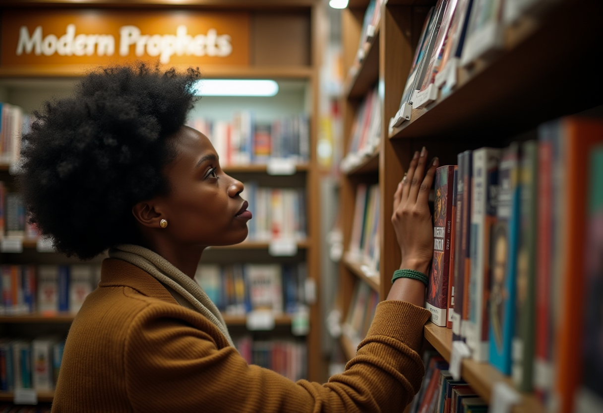 A woman in a bookstore browsing books in the Modern Prophets section