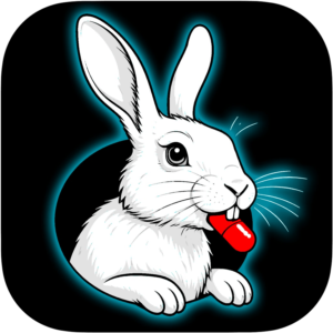 An illustration of a white rabbit with a red pill in its mouth
